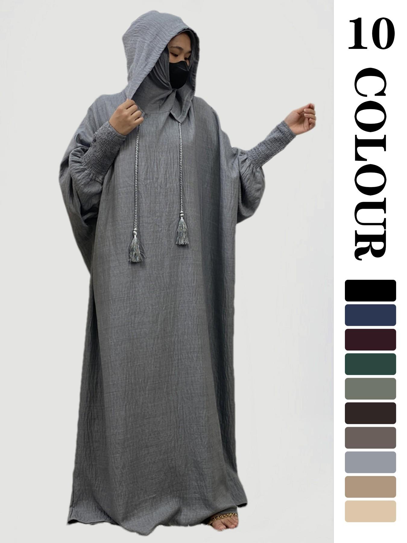 Women's Solid   Hooded   Dress, Casual Long Sleeve Dress for Fall & Winter, Women's Islamic Clothing for Daily Wear, Modesty Muslim Clothing