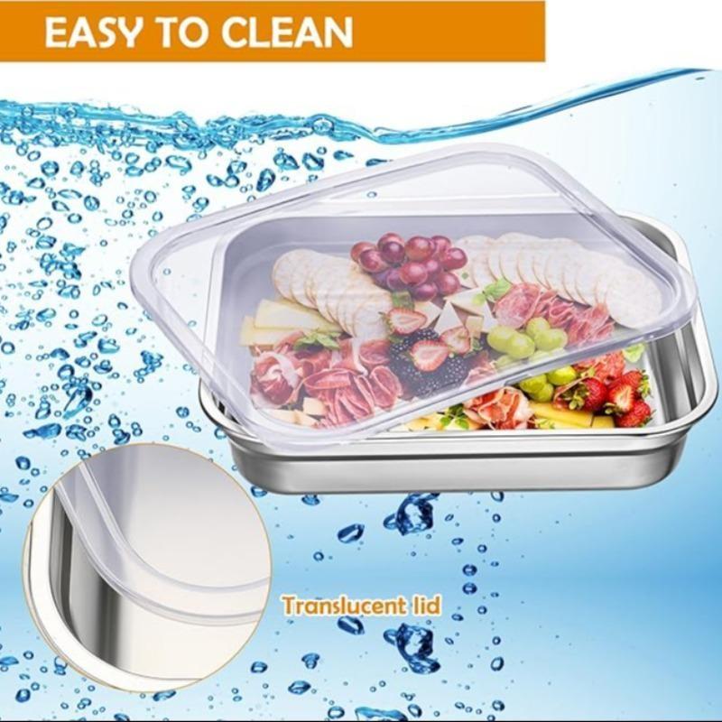 Stainless Steel Rectangular Tray with Lid – Thickened food-grade storage tray for steaming, serving and food preservation. Durable multi-purpose kitchen container, not microwave safe.