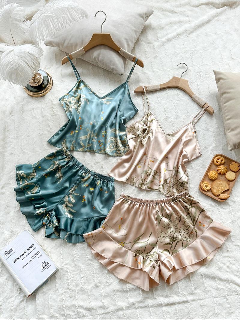 Women's Floral Print Cami Top & Ruffle Trim Shorts Satin Pyjama Set, Summer Outfits 2024, Casual Comfort Camisole & Elastic Waist Shorts PJ Set, Summer Clothes, Sleepwear Set for Women