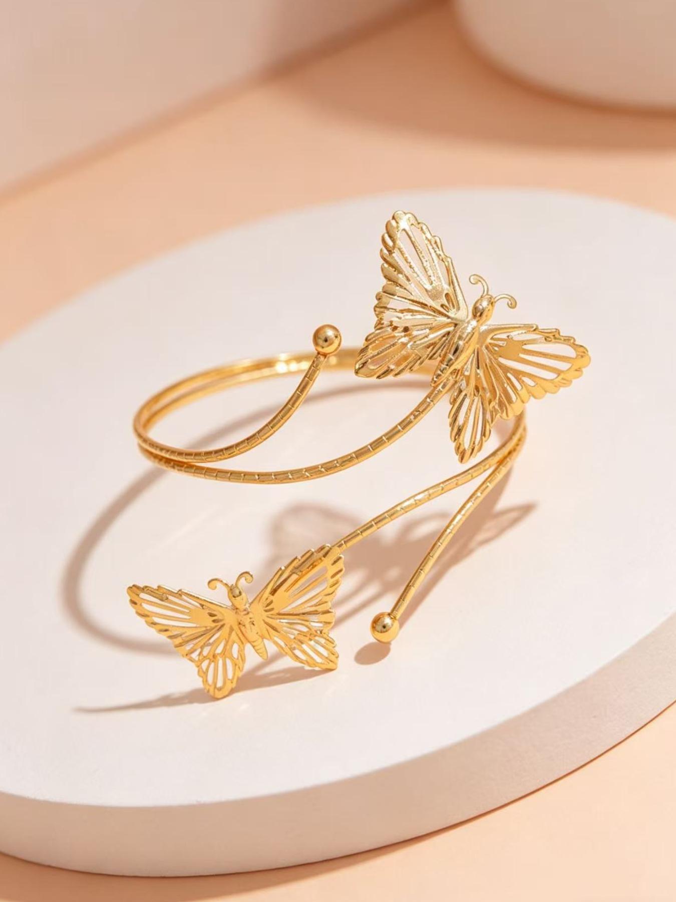 Gold Plated Butterfly Open Cuff Arm Bracelet, Adjustable Double Layer Armlet for Women, Elegant Hollow Out Butterfly Arm Jewelry for Summer Beach & Daily Wear