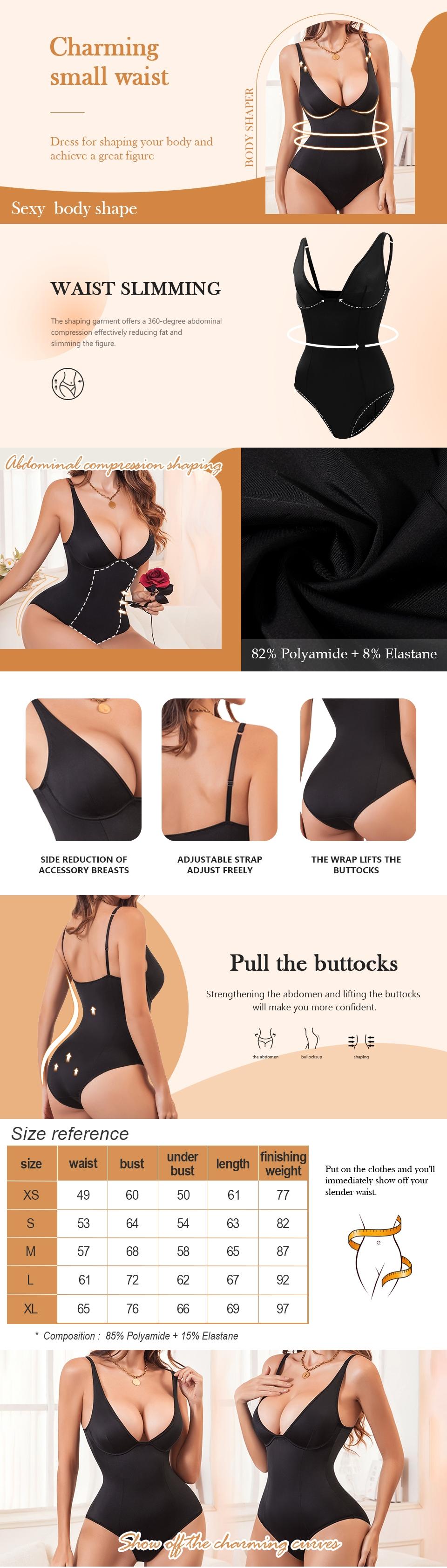 Women's Deep V Adjustable Thin-Strap No-Pad Waist-Slimming Push-Up Buttock-Lifting Shapewear Bodysuit – Thong Design – Black – Sizes S-XL – Suitable for Layering/Daily/Commute & More Scenarios