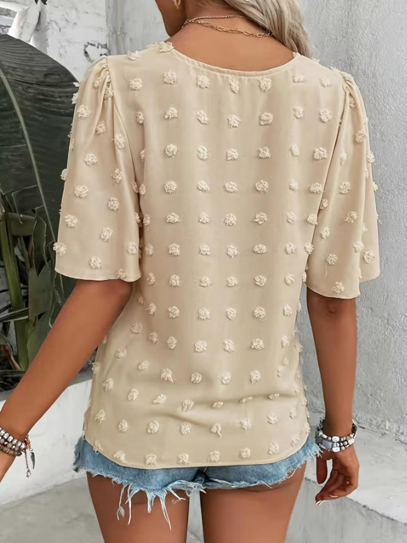 Women's Elegant Swiss Dot Butterfly Sleeve Lace Trim Shirt, Short Sleeve Commuter Top, Loose-Fit Casual Light Summer Blouse for Everyday Wear