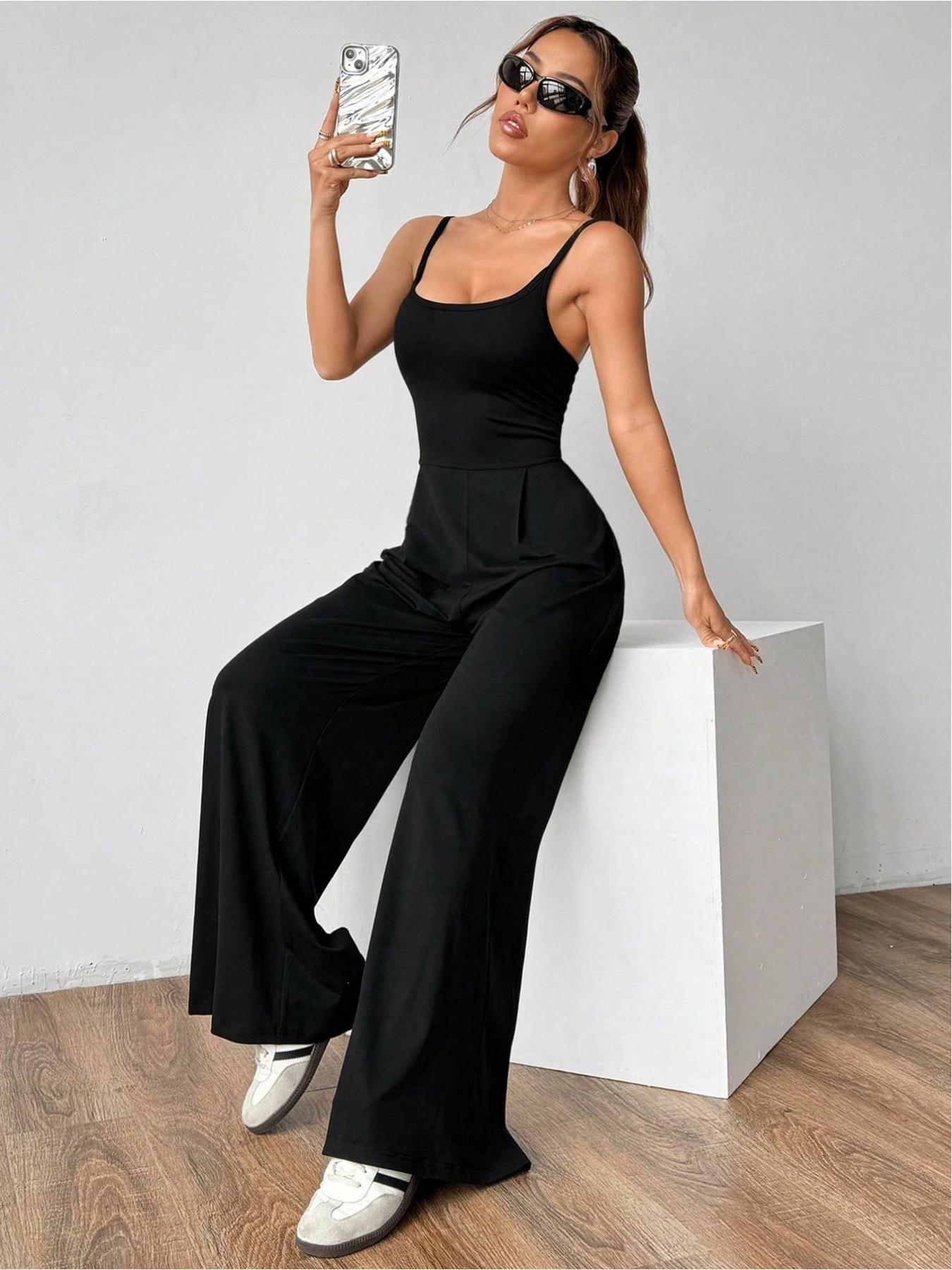 2026 Women's Solid Backless Fitted Plicated Camijumpsuit, Sleeveless Spaghetti Strap Square Neck, Sexy Wide Leg Jumpsuit for All Seasons