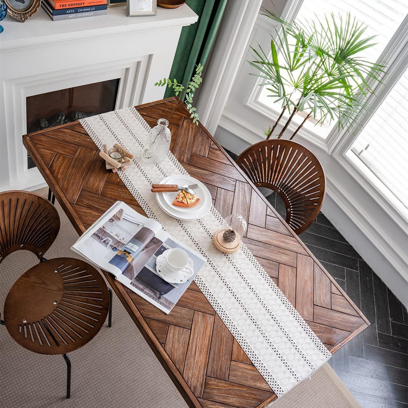 Macrame Table Runner Boho Table Runners with Tassels Hand Woven Cotton Table Runner Rustic Farmhouse Table Runners for Bohemian Kitchen Dining Table(30x183cm/12x72in)