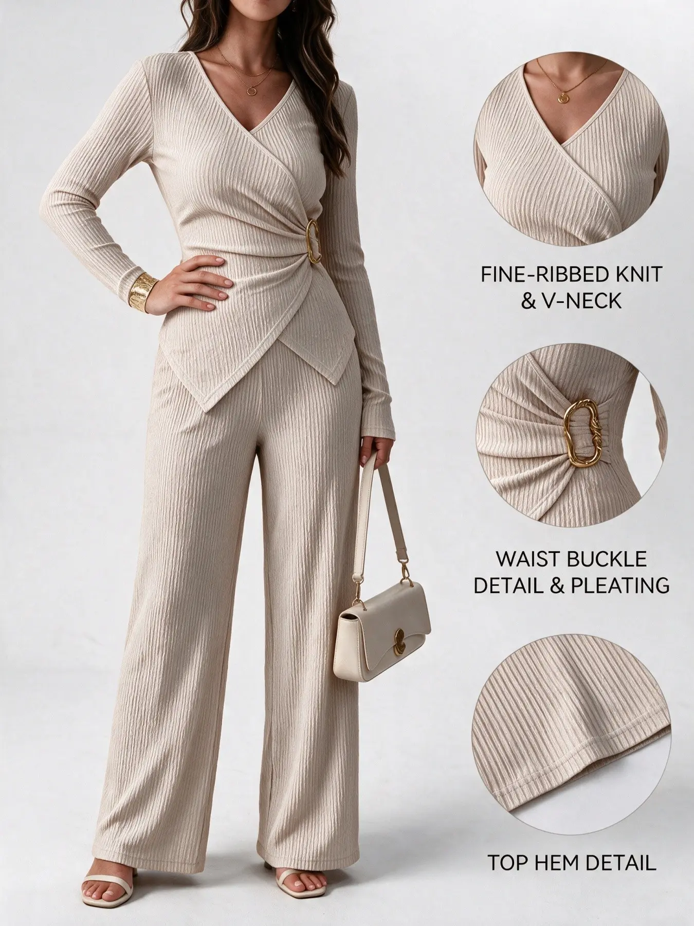 Women's 2-Piece Casual Versatile Plain Cross V-Neck Long Sleeve T-Shirt with Metal Button and Wide Leg Elastic Waist Pants Set, Elegant Office Outfit