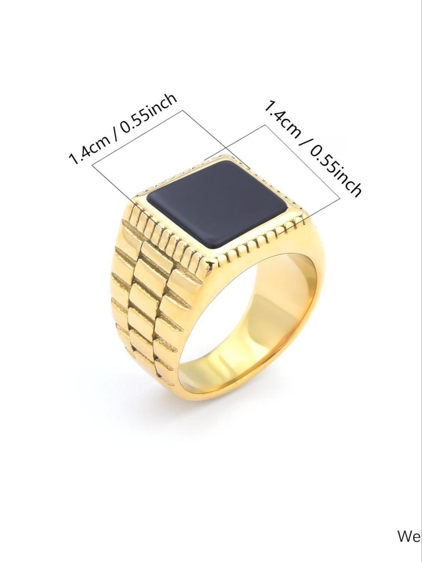 High-Quality Men's Ring, 18K Gold Plated Tarnish-Free, Square Black Gemstone Exudes Boldness
