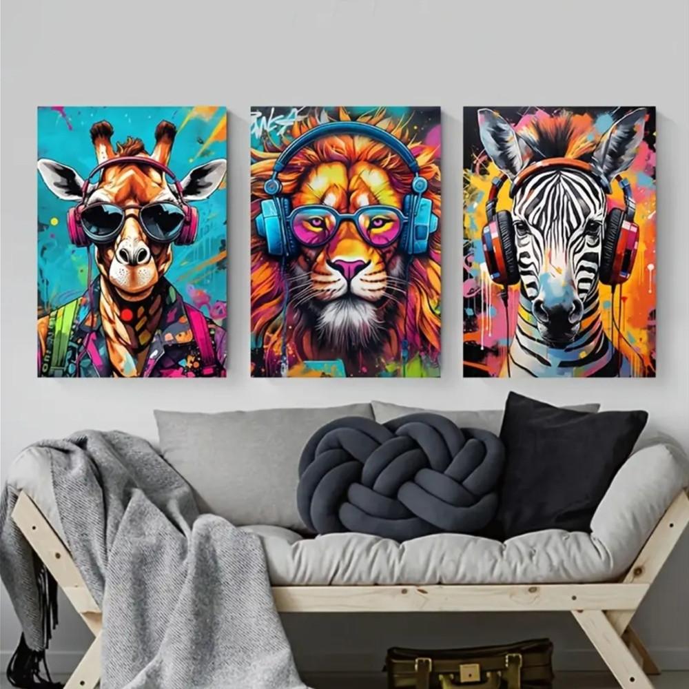 3 Pieces Optional Wooden Frame Cool Graffiti Gamer Headphone Animal Wall Poster Minimalist Wall Art Print Canvas Painting Wall Poster Living Room Home Decor Color Accurate Reproduction Hanging Painting Flat Anti-Wrinkle Art Canvas