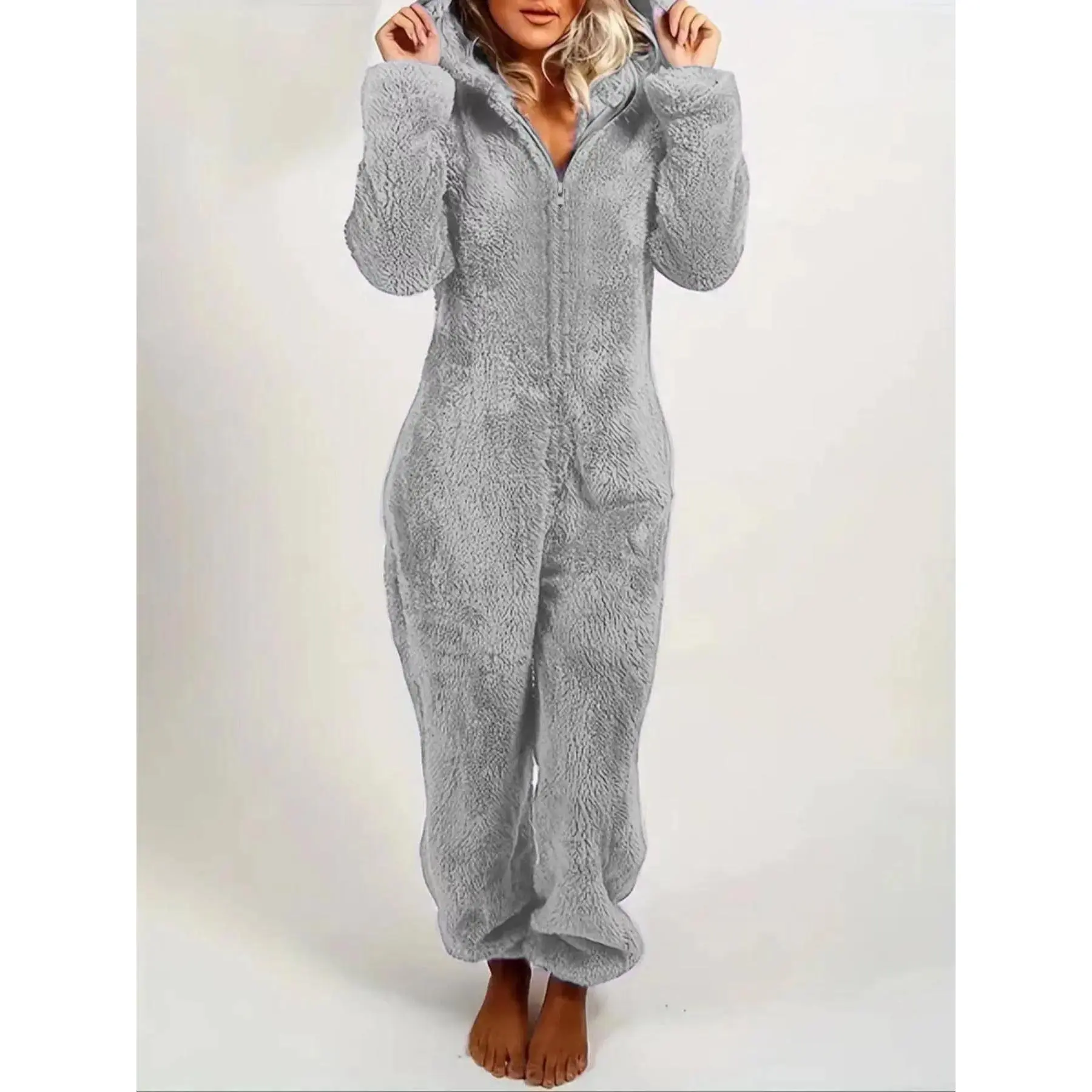 Women's Solid Zipper Hooded Plush Pajama Jumpsuit, Casual Long Sleeve Teddy Bear Ear Design Jumpsuit for Fall & Winter, Women's Sleepwear for Indoor Wear, Fluffy Lady Pajamas, Loungewear, Homewear, Cozy Wear, Pjs, Pajama Onesies Princess Unicorn Dress