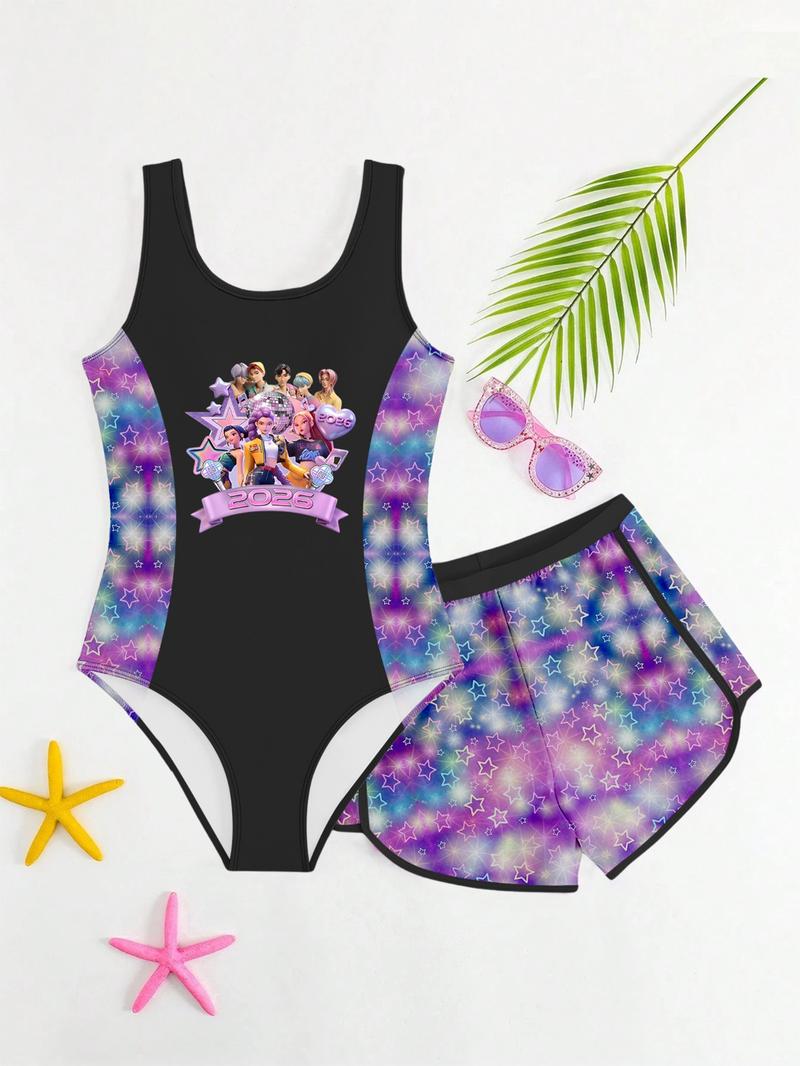 K-Pop Hunter Girl Swimsuit Set, Starry Gradient Two-Piece, Shiny Sweet Cool Separated Swimwear for Women, Tankini With Shorts