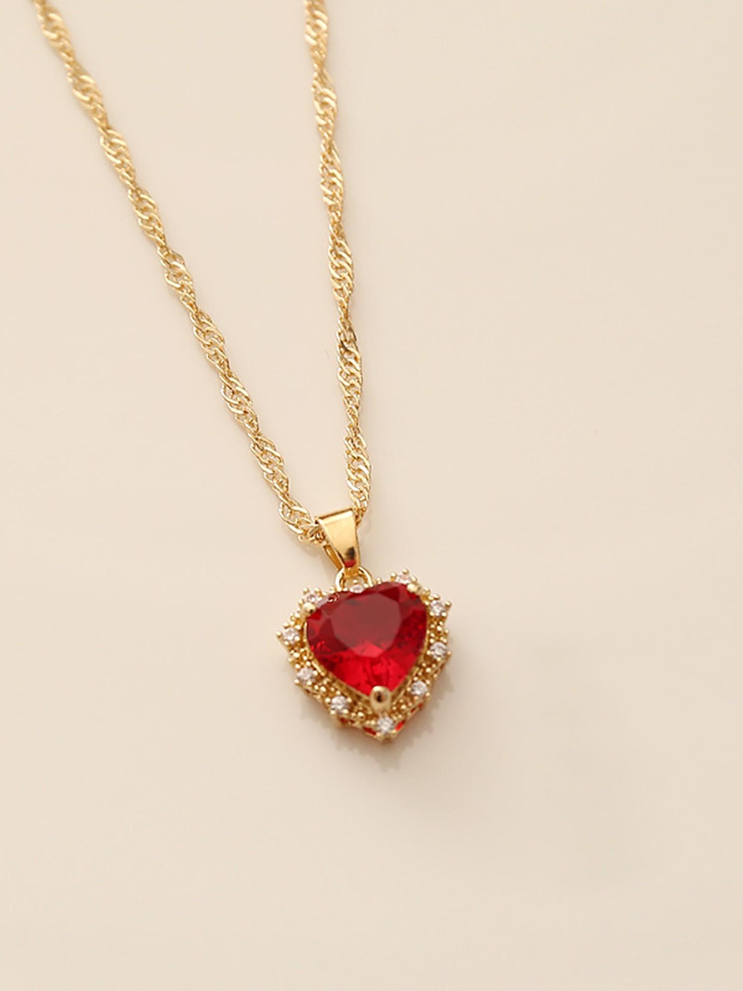 Zircon Heart Pendant Necklace, Copper Cubic Zirconia Jewelry, Handmade Gift, Boho Style, All Seasons, Zinc Alloy Chain, Plain Pattern