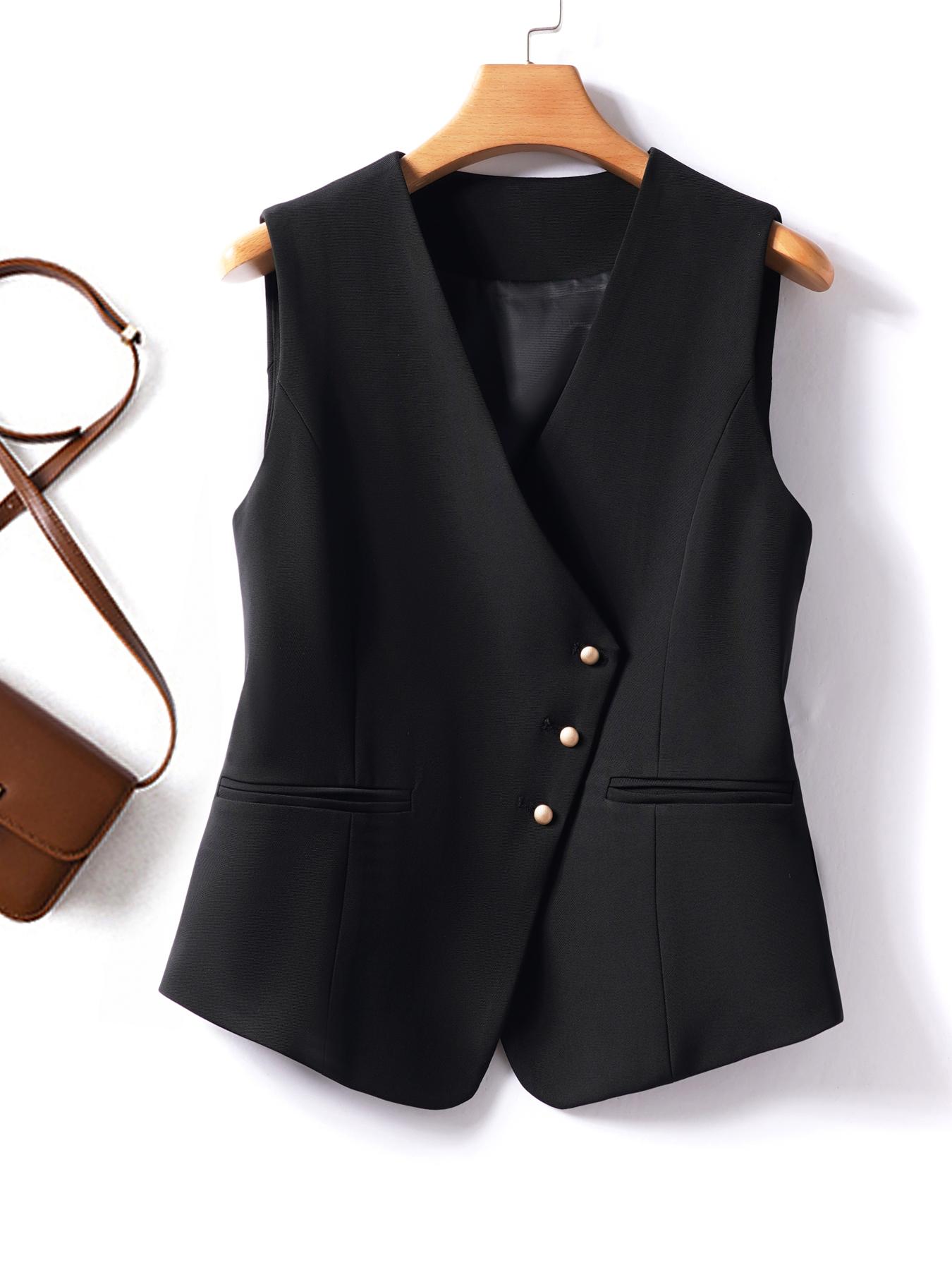 Women's Solid Asymmetrical Button Front Vest Blazer, Elegant V Neck Sleeveless Outerwear, Ladies Spring & Fall Clothes for Work Office Business, Blazer Jackets