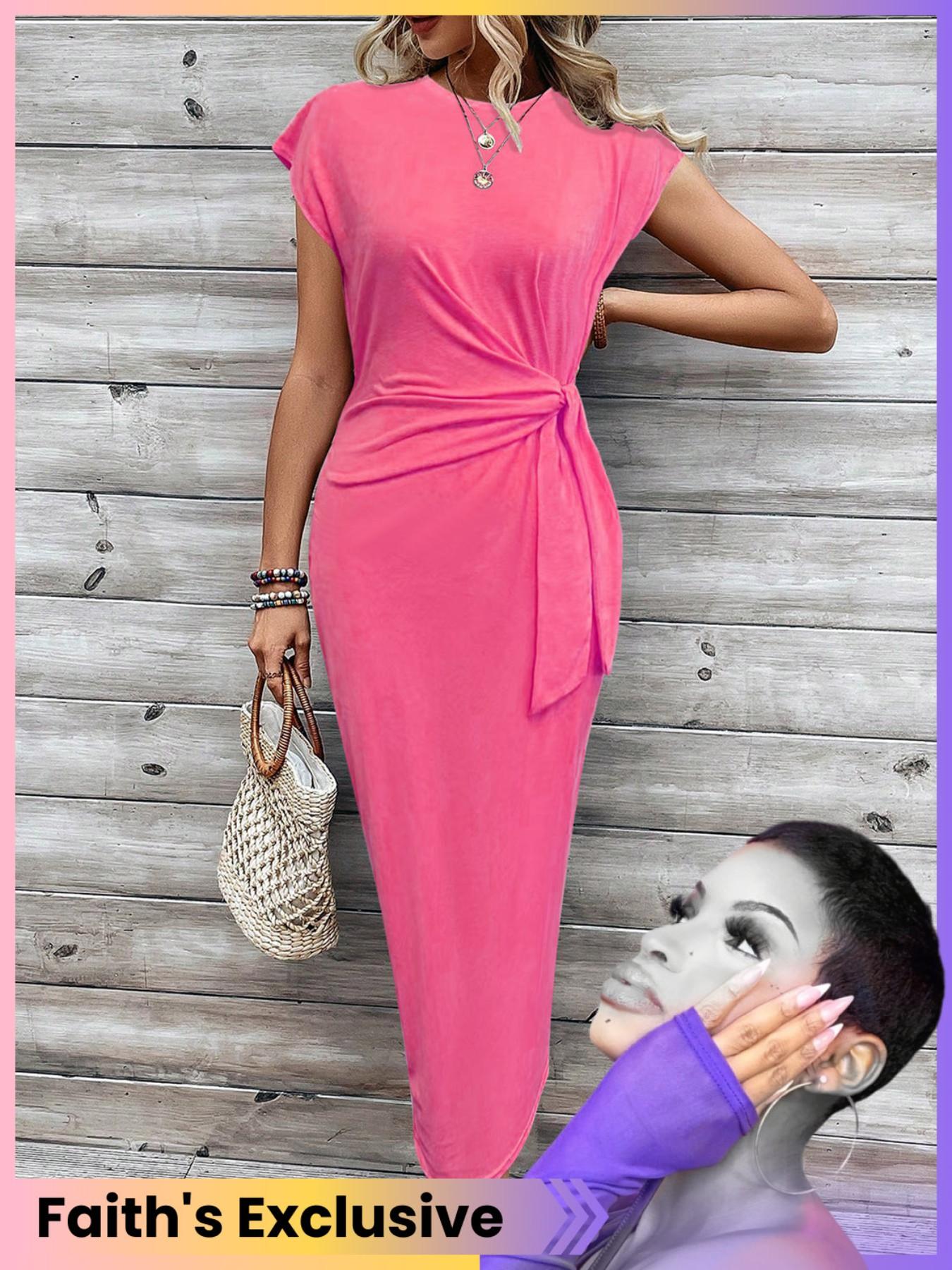 Women's Ruched Knot Front Bodycon Fit Dress, Casual Batwing Sleeve Round Neck Long Dress, Ladies Clothes for Daily Wear