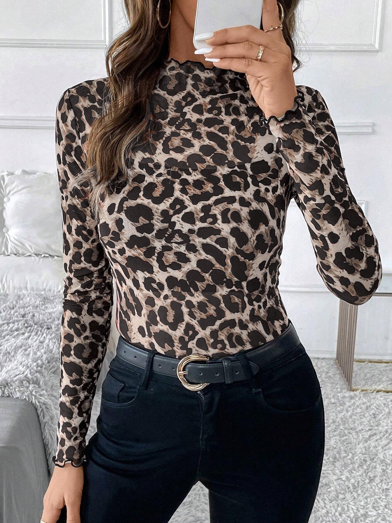Elegant Sexy Leopard Print Sheer Mesh All-Over Printed Women's Top, Slim-Fitting Lightweight Summer Style for Casual Wear