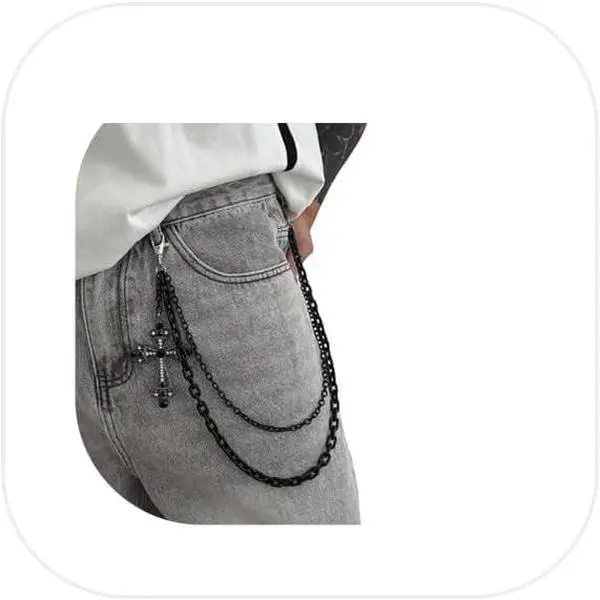 Black  Hop Layered Pants Chain for Men,Gothic Rhinestone  Pendant Wallet Pocket Chain Keychains Trouser Jeans Chain for Halloween Party