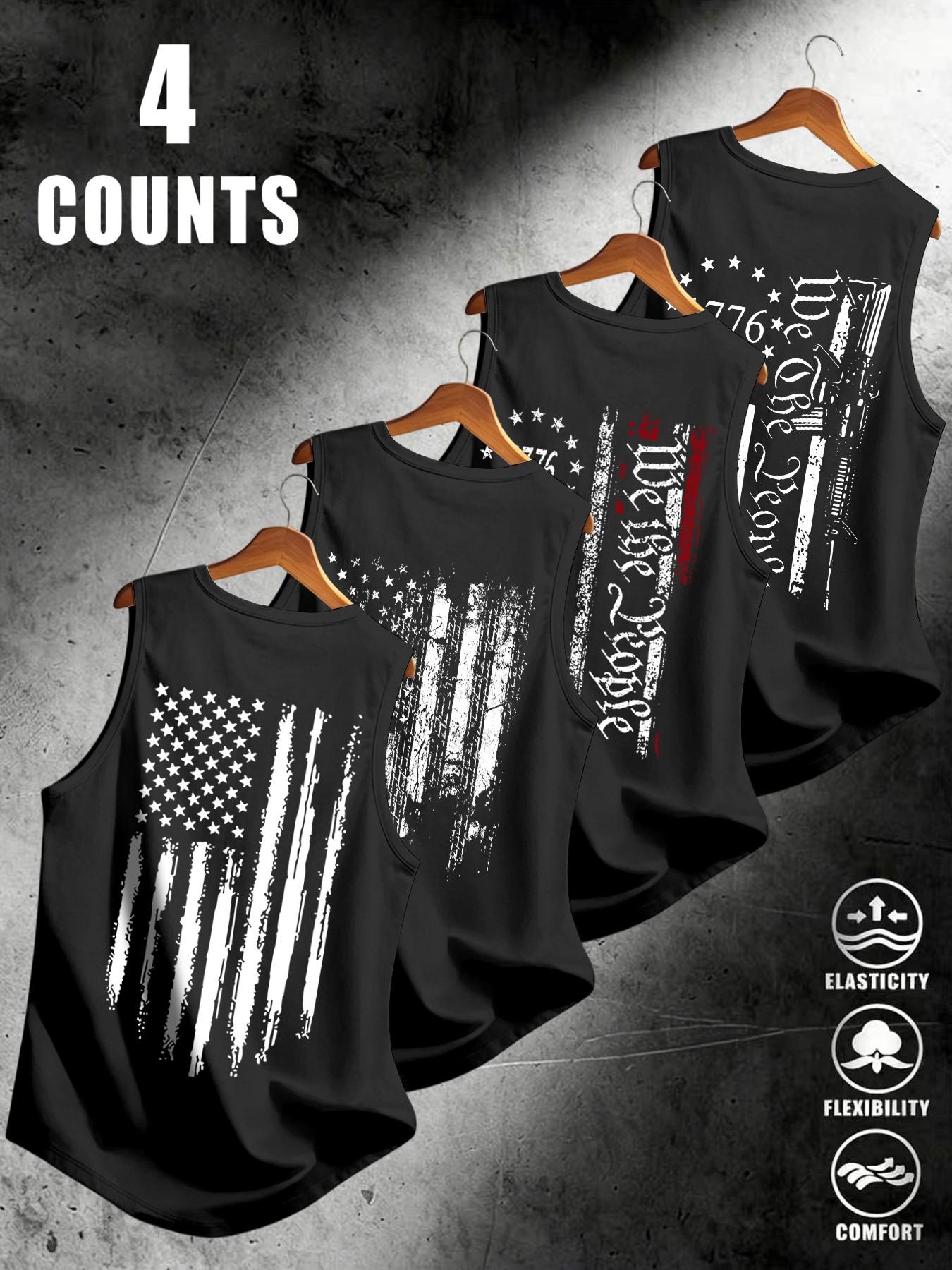 American Flag Print Men's Sleeveless Vest Set of 4, Breathable Stretchy Fabric, Sporty Fit, Comfortable Fashion for Daily Street Wear