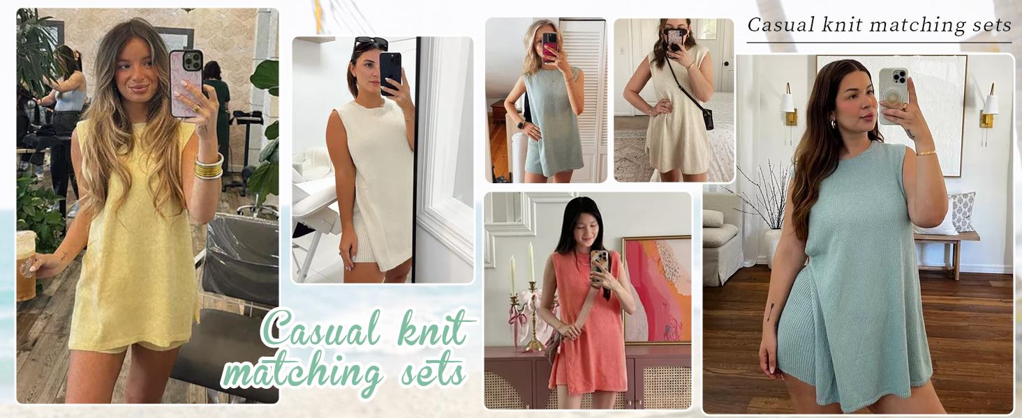 Yimoon Women Summer Sleeveless Sweater Sets Knit 2 Piece Outfits Tunic Tank Top Matching Shorts Vacation Beach Sets