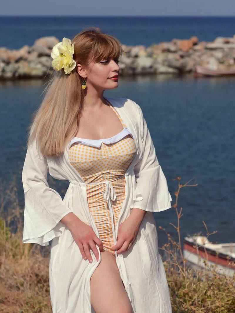 GINGHAM 1950S HALTER BOWKNOT ONE-PIECE WOMENSWEAR SWIMSUIT Swimoutfit Swimmingsuits