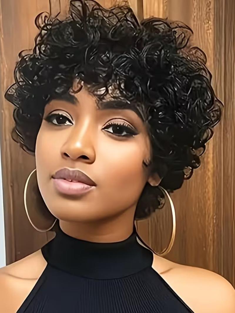 Curly Pixie Cut Wigs with Bangs, Human Hair for Women, Short Layered Bob Wig, Natural Look, Easy Maintenance, Perfect for Daily Wear, Kinky Curly Wig