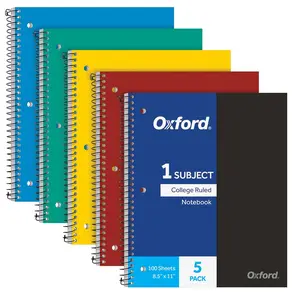 Oxford 1 Subject Spiral Notebook, Notebook for School, Plastic Covers,  to School Supplies, College Ruled, 100 Sheets, 5 Pack,  Primary Colors: Black, Blue, Red, Green and Yellow (1009289)