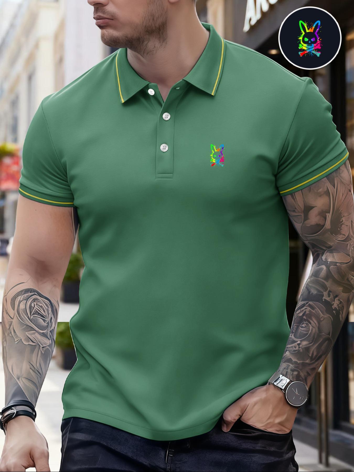 Men's Classic Fashion Stylish Casual Comfortable Micro-Elastic Straight Tube Polo Shirt, Trim Design, Rabbit Print, Outdoor Sports Polo