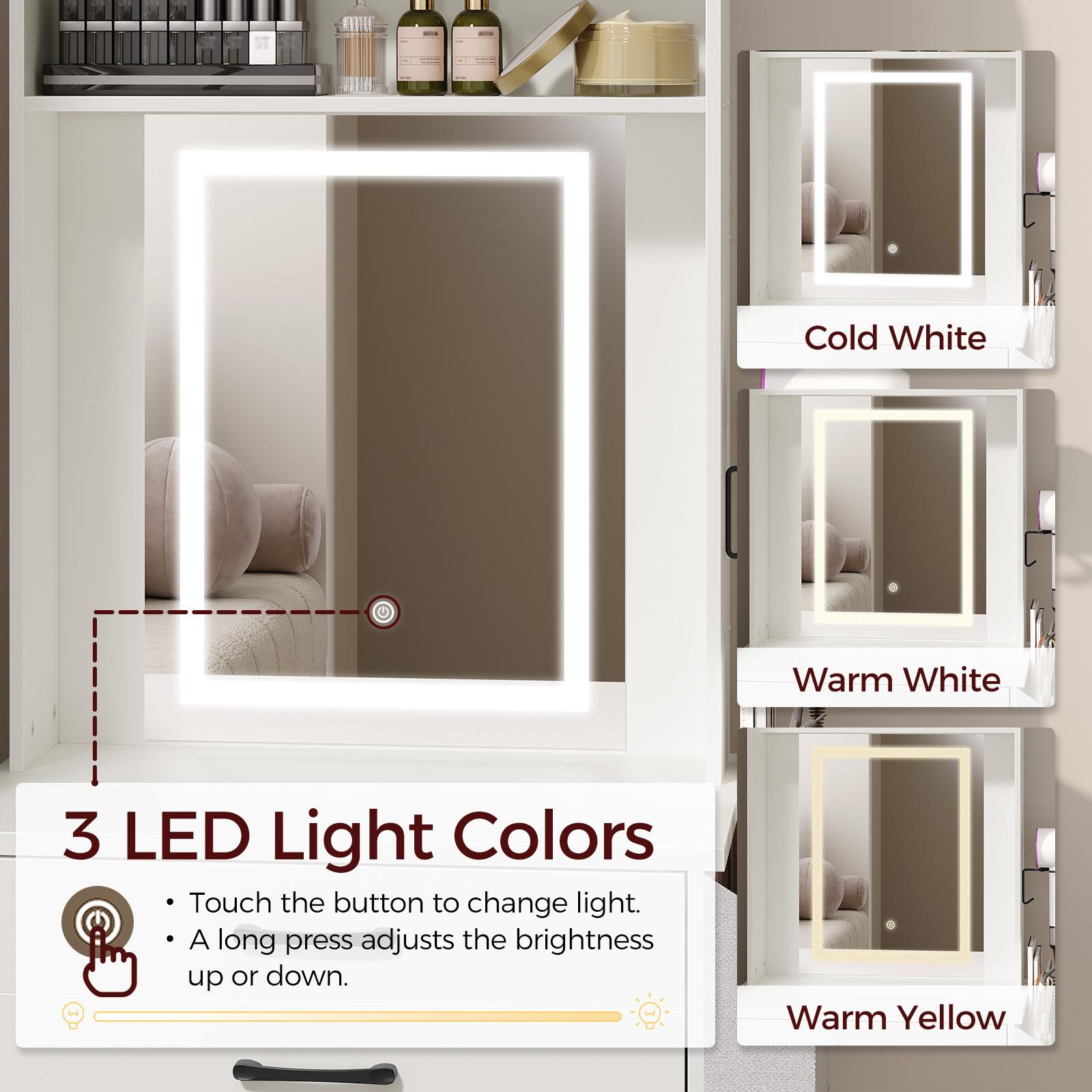 MAHANCRIS Vanity Desk Set with Adjustable Lighted Mirror, Storage Stool, Drawers, and Storage Side Bag, for Bedroom, Small Space, White MAHANCRIS Vanity Desk Set with Adjustable Lighted Mirror, Storage Stool, Drawers, and Storage Side Bag, for Bedroom, Small Space, White