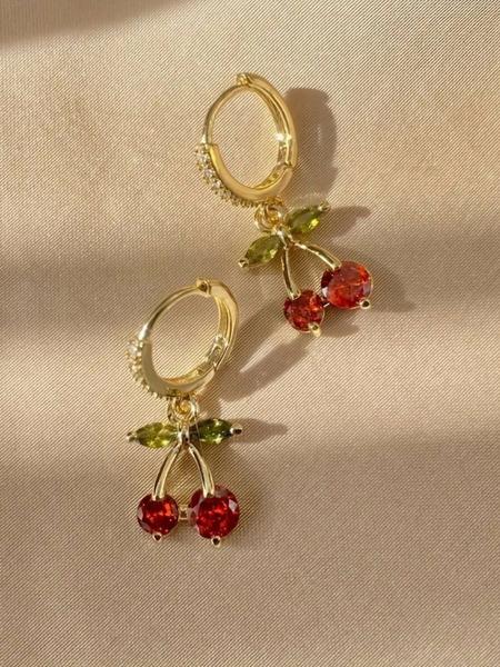Cute Cherry Design Earrings with Rhinestones, Sparkling Small Hoops for Women, Perfect for Daily Wear, Dates & Gifts