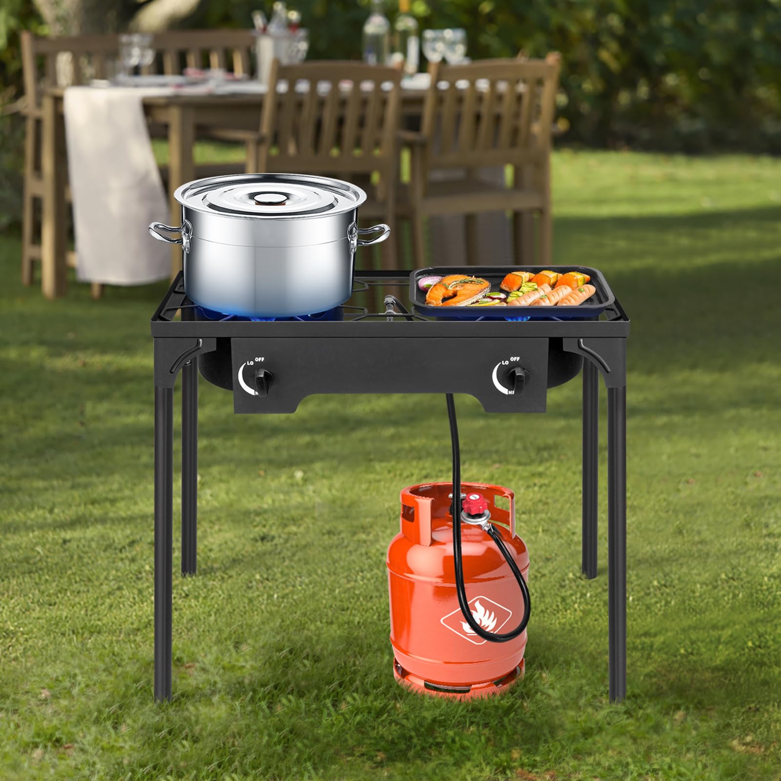 PineHome 3 Burner Propane Stove, 225,000 BTU High Pressure Outdoor Cooker with Cast Iron Head.Includes 0-20 PSI Regulator, Removable Legs for Camping, Tailgating, Home Brewing.