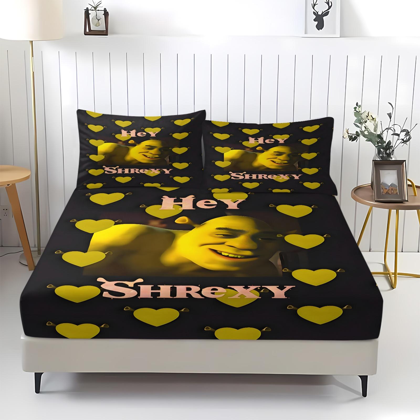 3 Piece Shrek Pattern Fitted Sheet Set, Soft And Durable Bedding Set, Including 1 Piece Flat Sheet And 2 Pieces Pillowcases, Suitable For Children And Adults Daily Holiday Birthday Gifts Bedroom Decorations