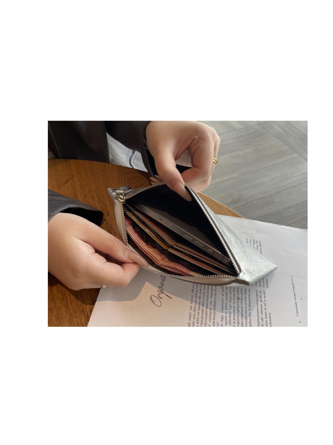 Minimalist Silver Metallic Wallet - Long Slim Zip Clutch Pouch, Versatile Daily Use Card & Coin Holder for Women