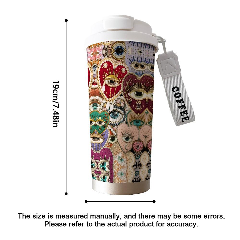 Abstract Heart Crown Eye Texture Coffee Cup, Portable Dual Drink Insulated Tumbler, Keeps Hot/cold, Boho Style, Office Travel Essential