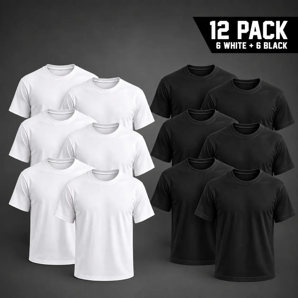Men's 12-Pack Round Neck Short-Sleeve Basic T-Shirts, Garment with Plain Solid Color Top, Casual Graphic Print Options (All Black, All White, Assorted Variants)