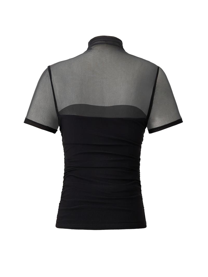 Women's Sparkle Mesh Halter Neck Short Sleeve Top, Sexy Slim Fit Cut Out Design, Soft Comfortable Casual Wear, Fashion Versatile Blouse