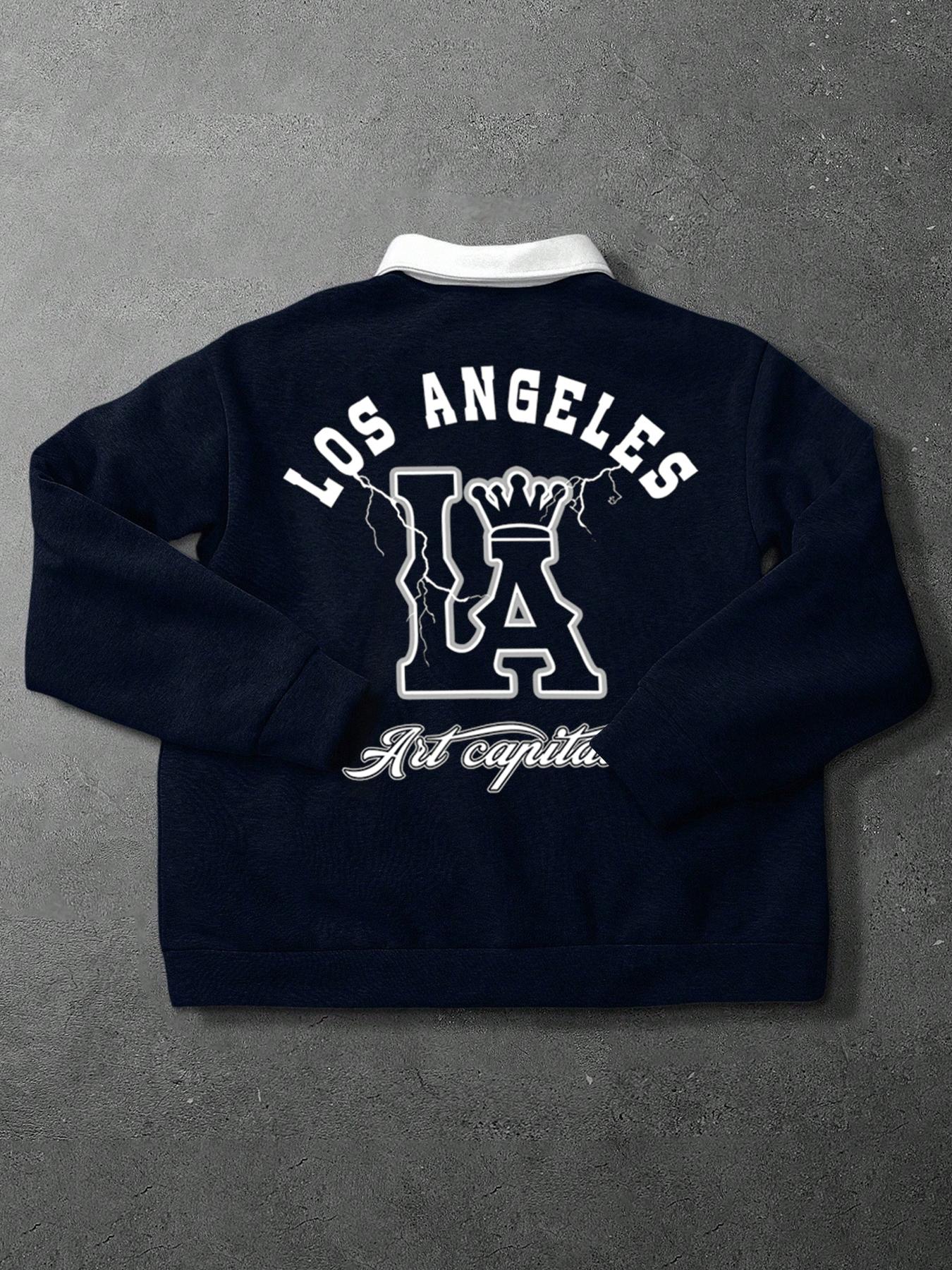 Men's Loose Fit Colorblock Collar Long Sleeve Graphic Polo Shirt, Casual Street Style, Fashionable Outdoor Sports Wear, All Seasons