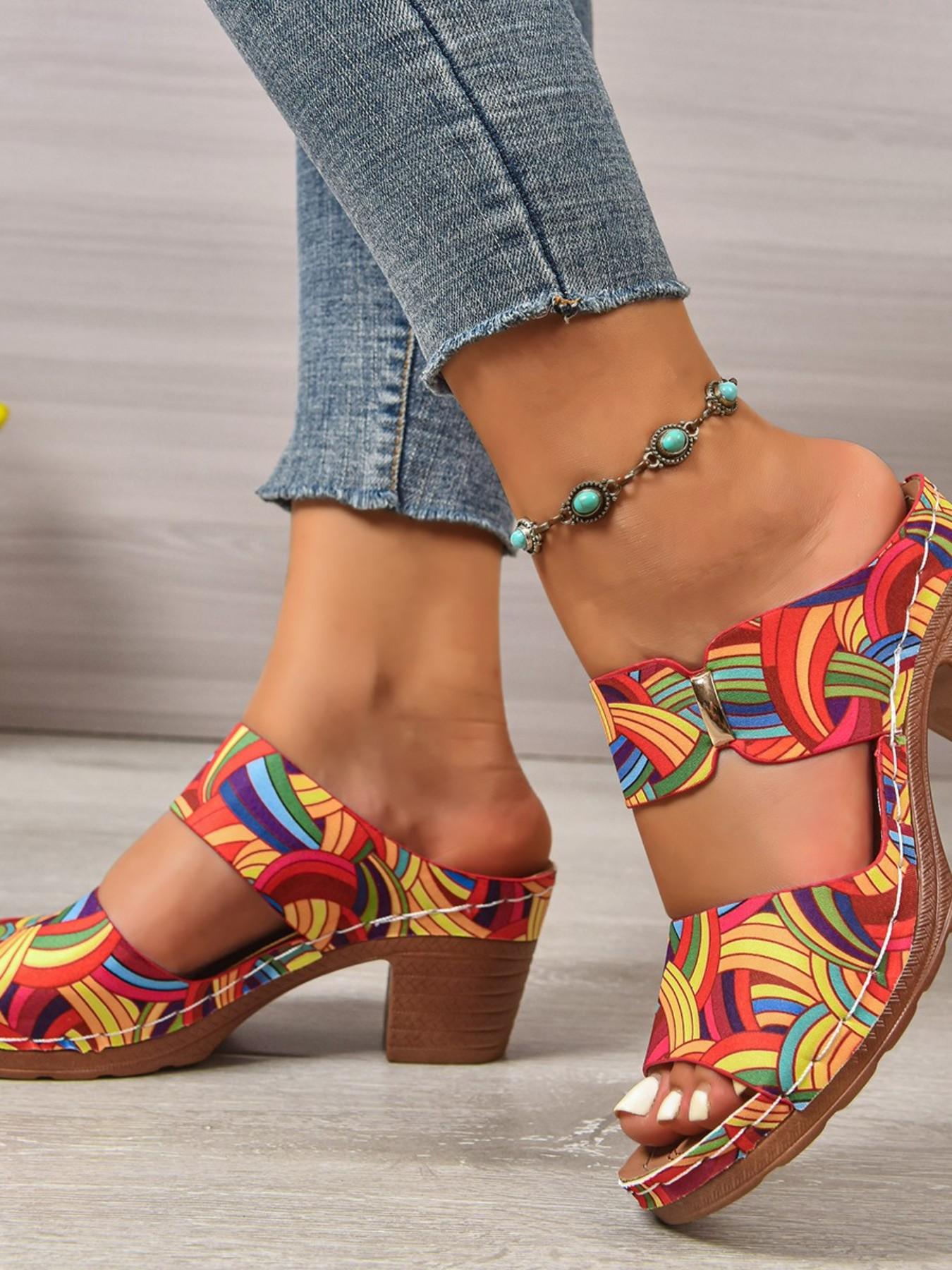 Boho Style Thick Heel Sandals, Colorful Print Flip Flops, Perfect for Vacation, Comfortable and Stylish Footwear