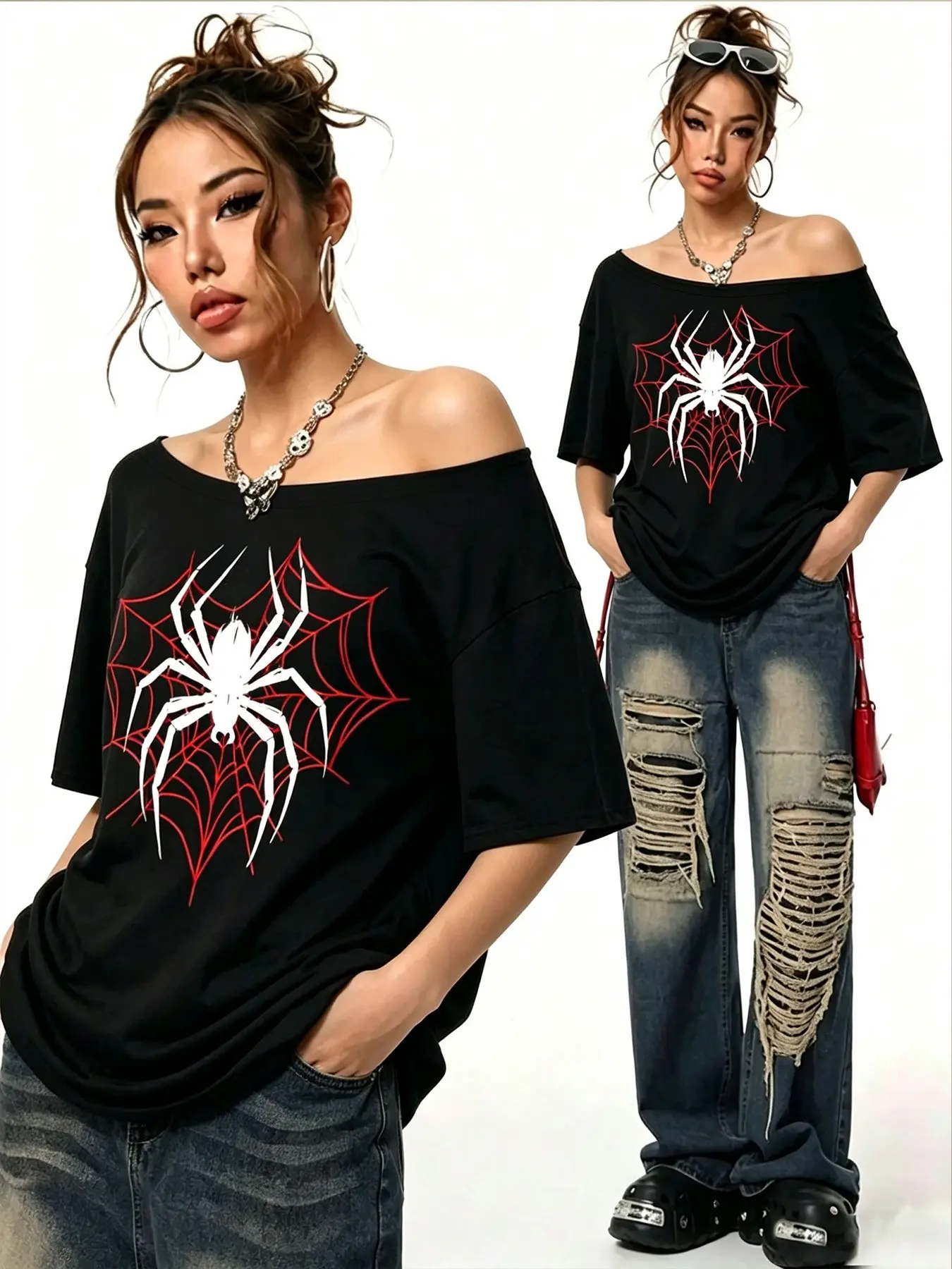 Women's Off-Shoulder Spider Web Print T-Shirt, Loose Fit Short Sleeve Top, Gothic Casual Y2K Street Style, Summer Daily Wear