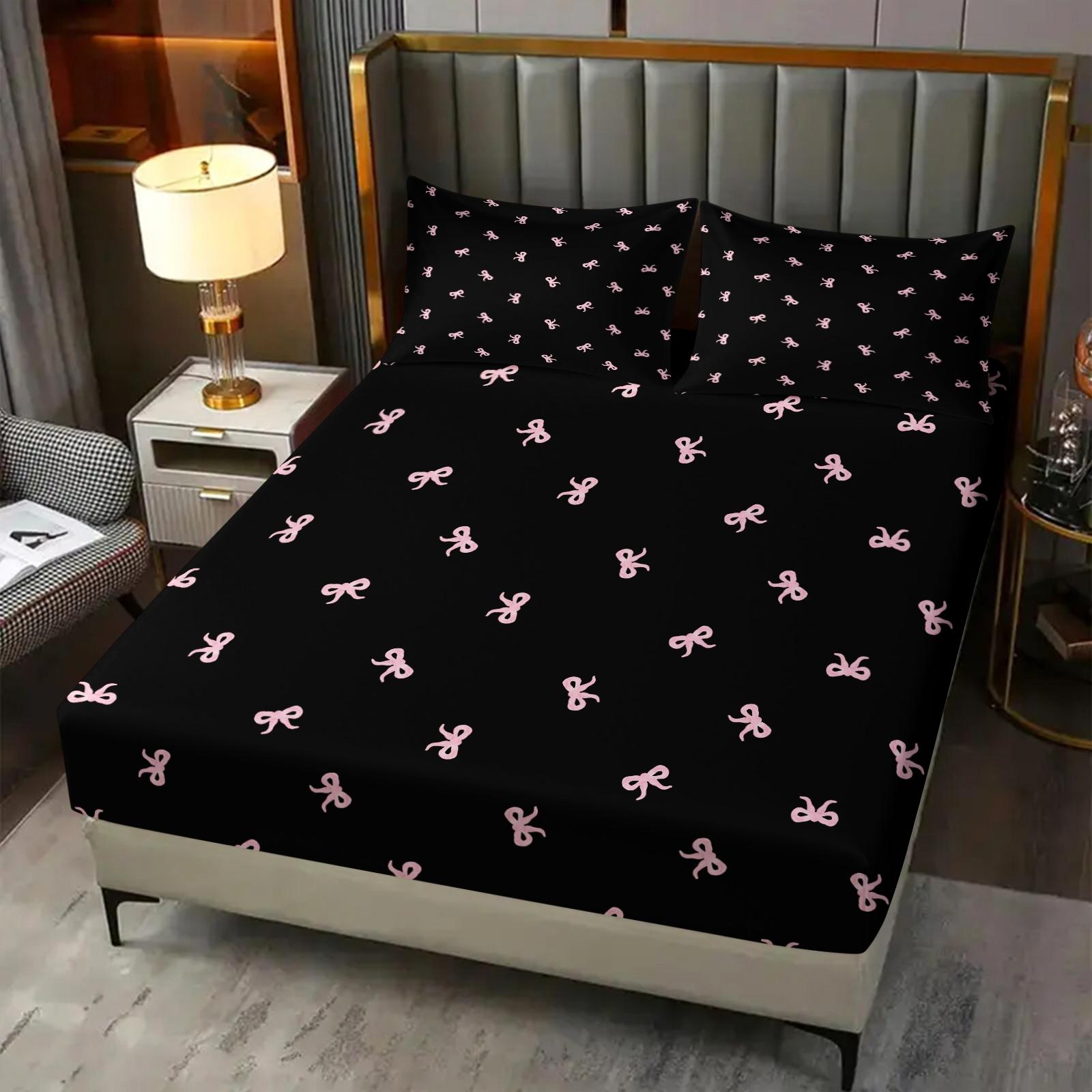 3Pcs Minimalist Bow Print Fitted Sheet Set, Cute Heart-Accented Bed Sheets for Bedroom, Warm Gift for Girls and Women