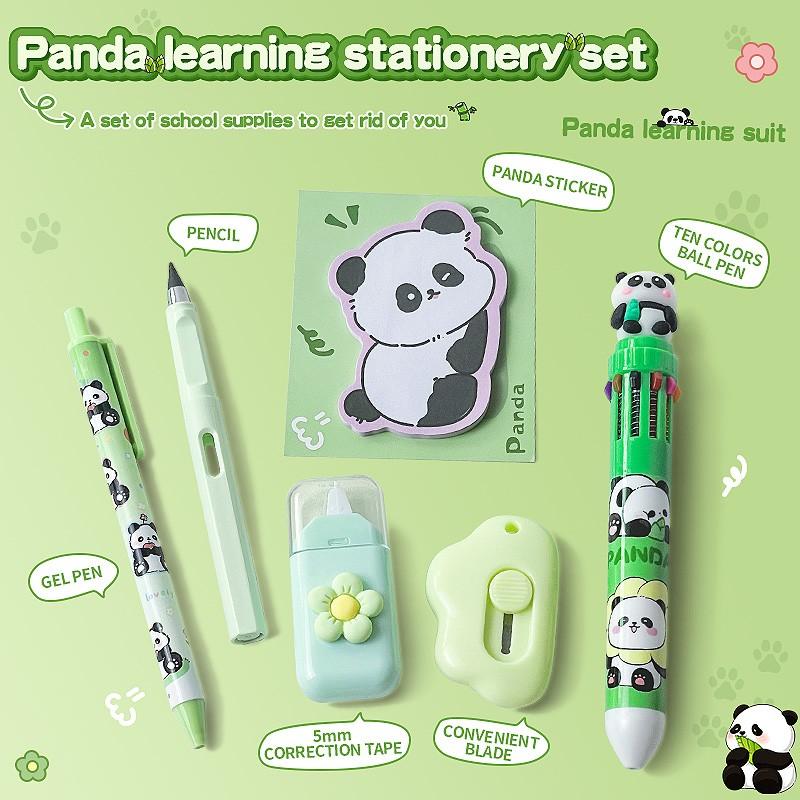 Panda Learning Stationery Set, 6-Piece Aesthetic School Supplies, Ballpoint Pens, Neutral Pens, Pencils, Correction Tape, Sticky Notes, Cute Panda Design