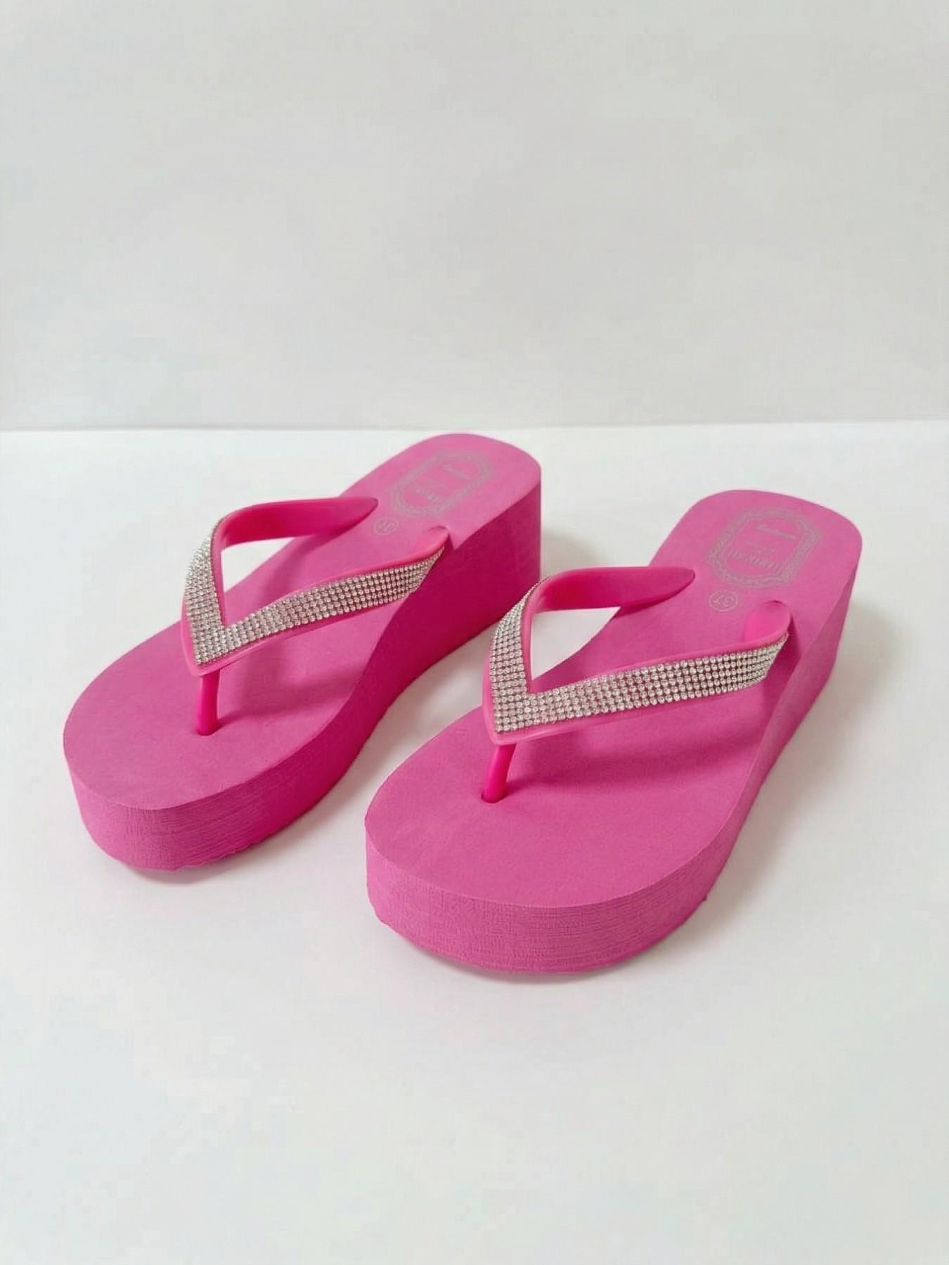 Summer New Rhinestone Thick Sole Sandals for Women, Wedge Platform Shoes, Beach & Poolside Height-Boosting Slippers