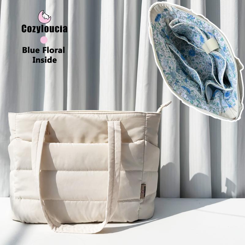 CozyLoucia Cute Puffer Tote Bag for Women Pink Flower Print Interior Laptop Shoulder Handbag, Lightweight Best Tote Bag for Work with Multiple Compartments for Travel , Work  and School ,Christmas Gift Ideas