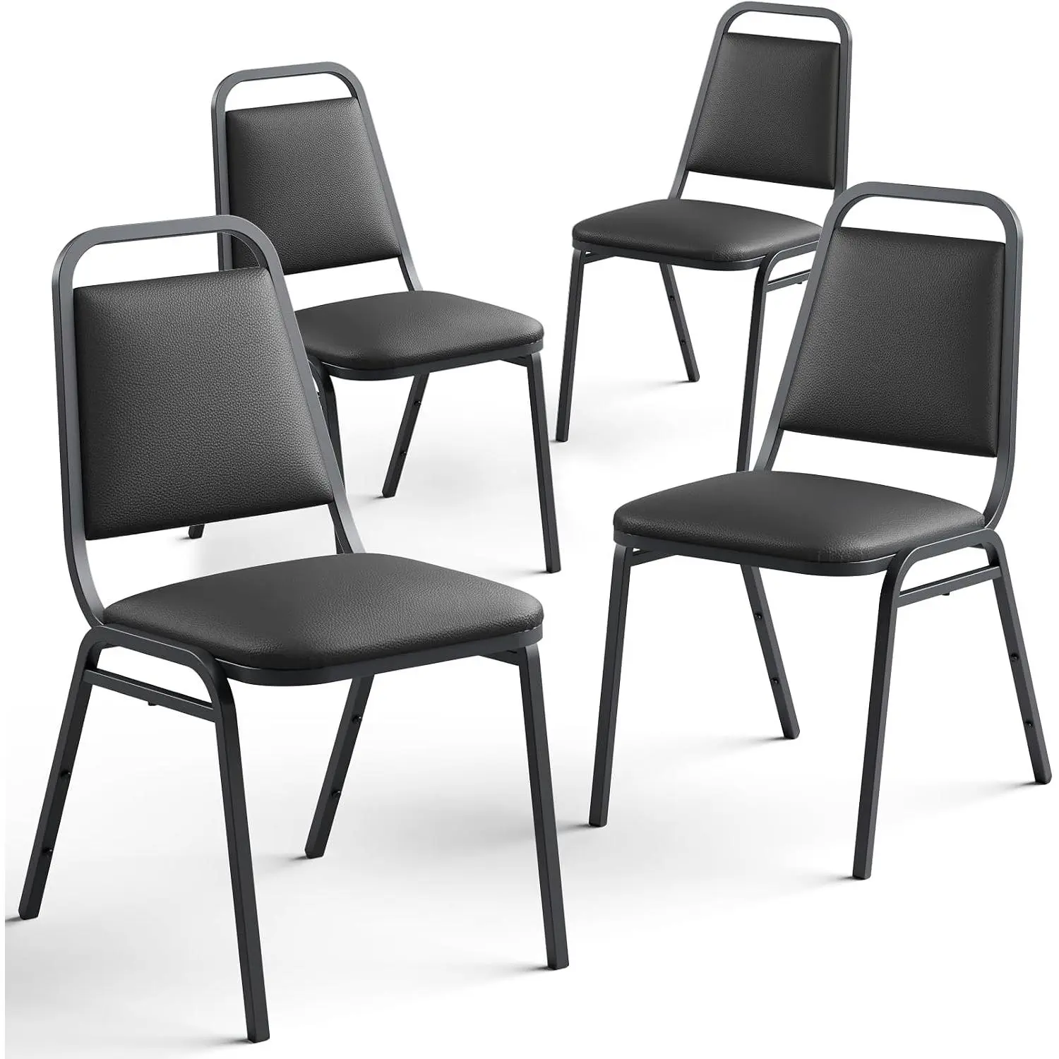 FURNIEDGE Black Commercial Office Chairs (Set of 4) - Stackable, Faux Leather Upholstered Seat, Heavy-Duty Metal Frame, No-Assembly Guest Chairs for Meeting & Reception Rooms
