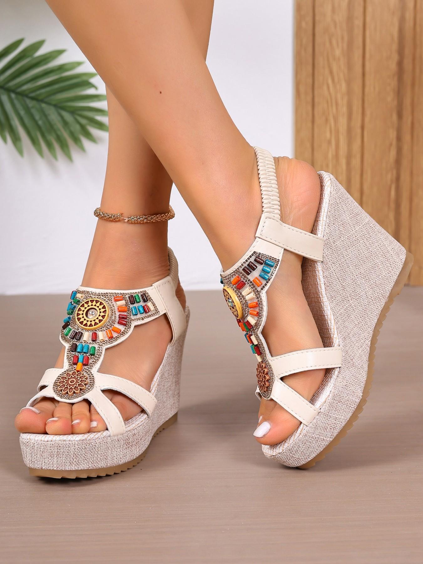 2026 Summer New Bohemian Style Wedge Sandals for Women, Ethnic Beaded Thick Sole Waterproof Platform Roman Shoes