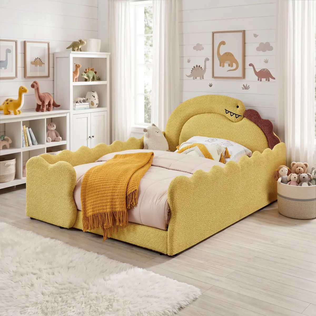 [Bellemave] Full Cute Dinosaur-Shaped Platform Bed, Low to Ground Upholstered Floor Bed, Safety Side Rails, Easy Assembly