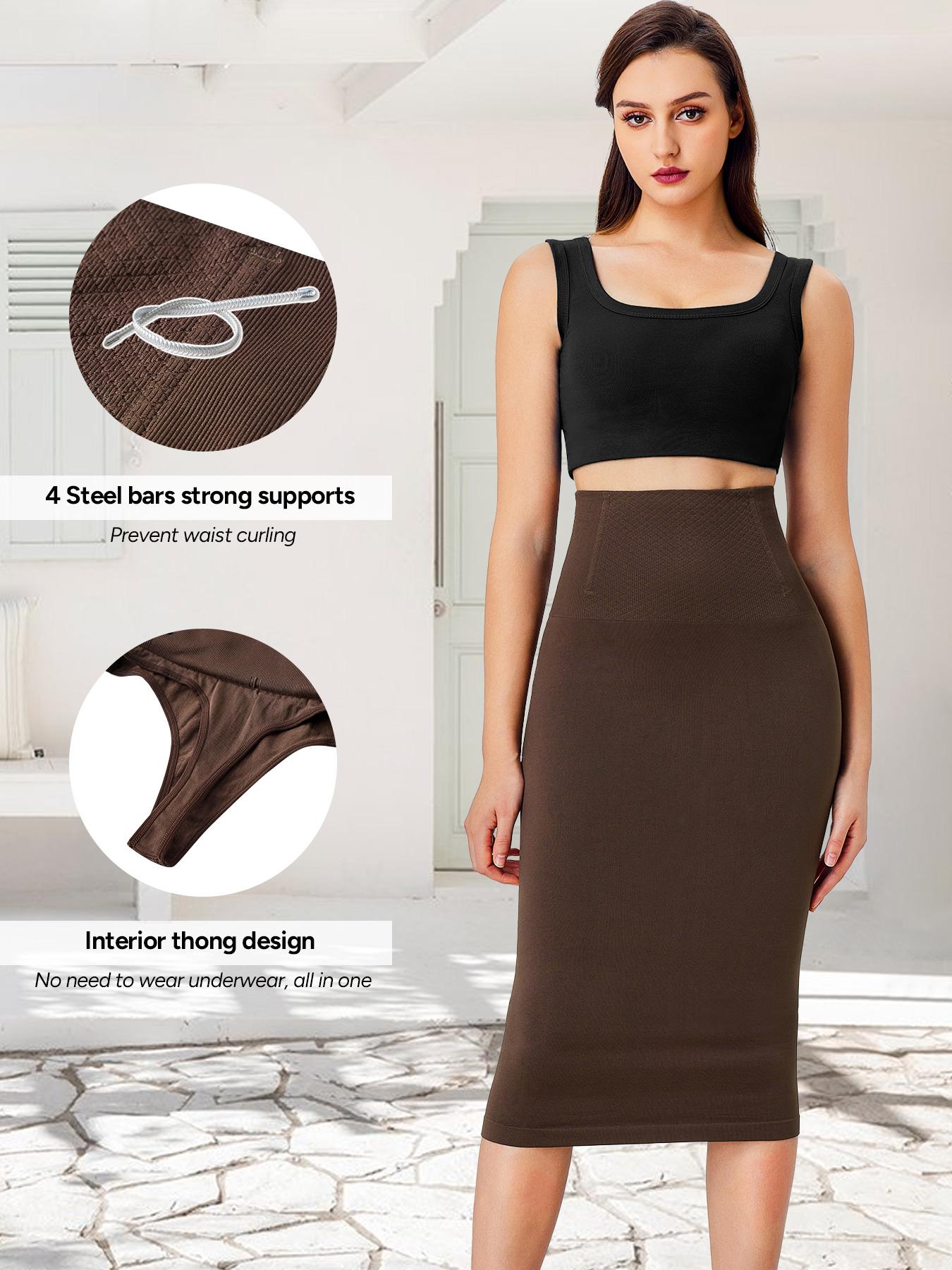 Seamless Shaping Midi Skirt for Women 4 Boned Anti-Roll Waist, Built in Thong, Zero Restraint & Multi-Way Wear, Solid Skirt