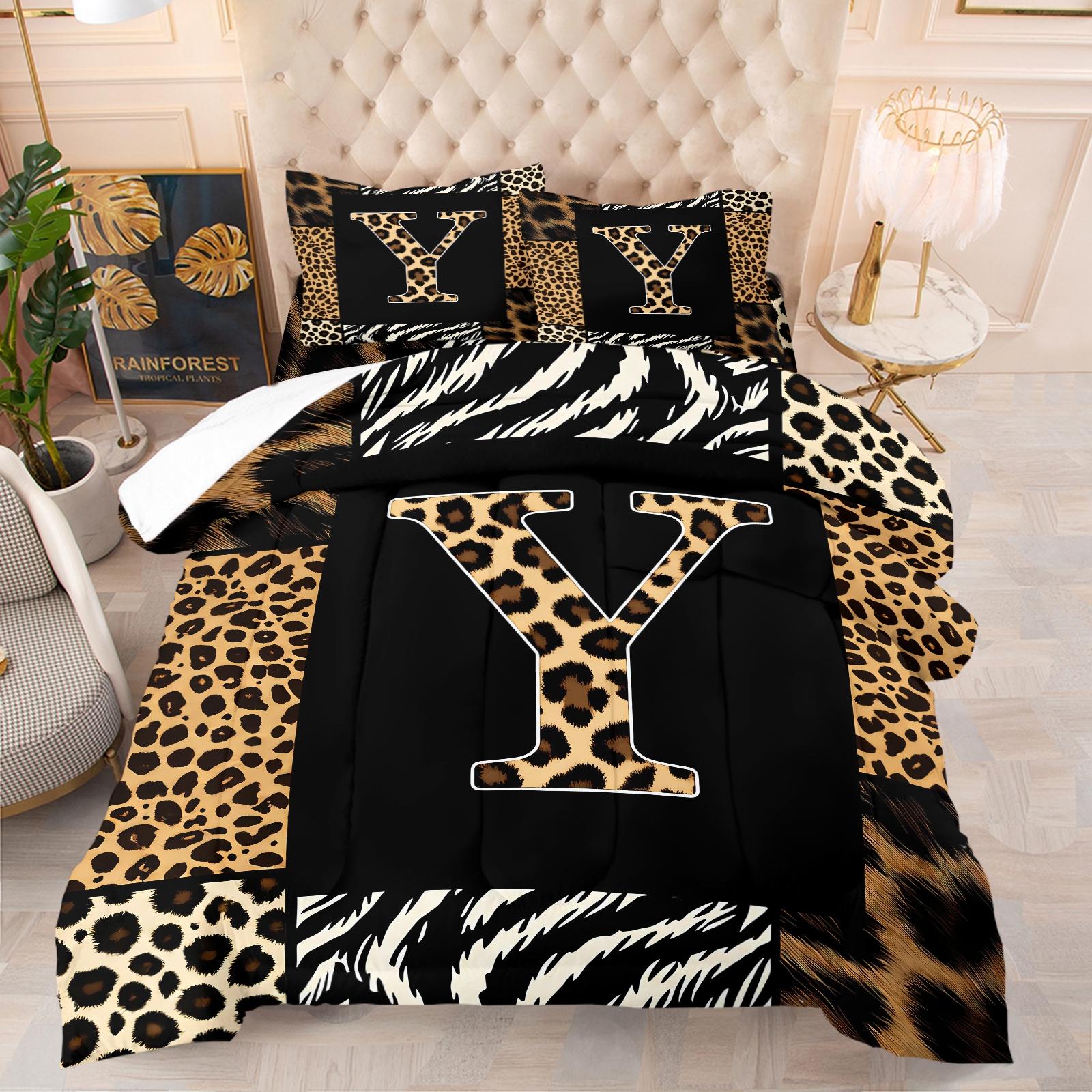 Wild Patchwork First Letter Print Comforter Set & 1-2 Pillowcases No Core, Leopard Print Letters A-Z, Zebra, Hair Texture Collage Pattern, Soft Warm Bedding, Wild Sexy Bedroom Decor, Ideal Gift Choice