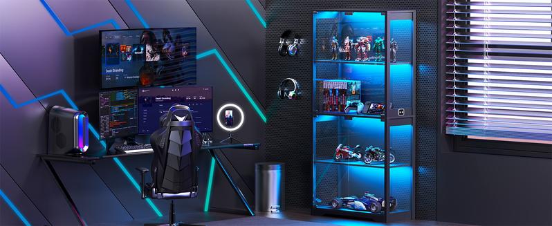 MIIFUNY Display Cabinet with Glass Doors, Storage Cabinet with 3 Color Light, 4-Tier Curio Cabinet&Bookcase for Collectibles, Toys, Books, for Playroom, Bedroom, Study Room, Black