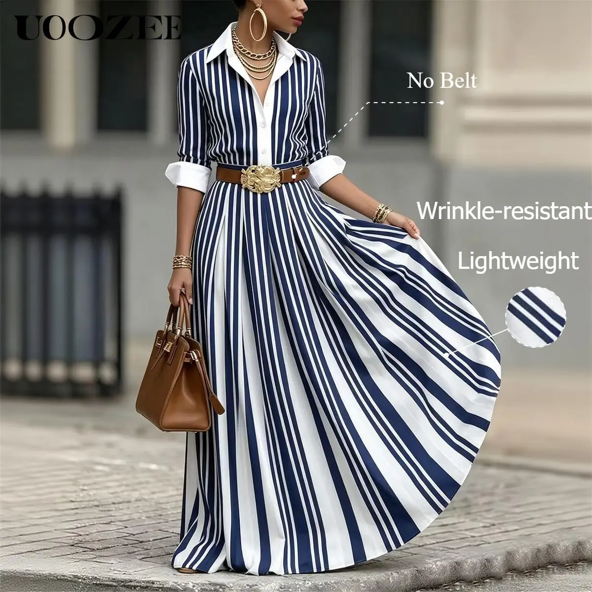 UOOZEE Striped Lapel Button Down A Line No Belt Pockets Maxi Dress, Three Quarter Sleeve Contrast Color Loose Fit Office Casual Long Dress for Daily Wear