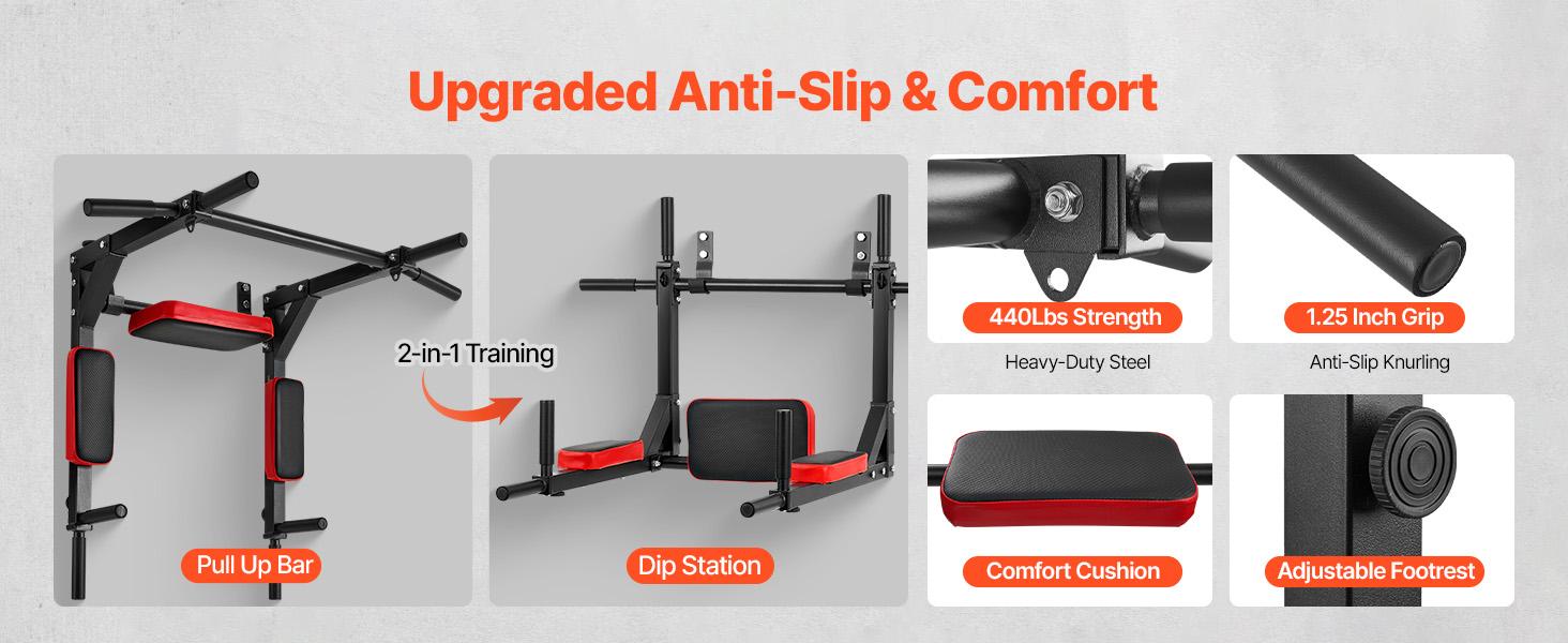 VEVOR Multifunctional Pull Up Bar, Wall Mounted Chin Up Bar Dip Station for Home Gym, Heavy Duty Steel Upper Body Workout Pull Ups, Power Tower Set Training Equipment Fitness, 440 lbs Weight Capacity