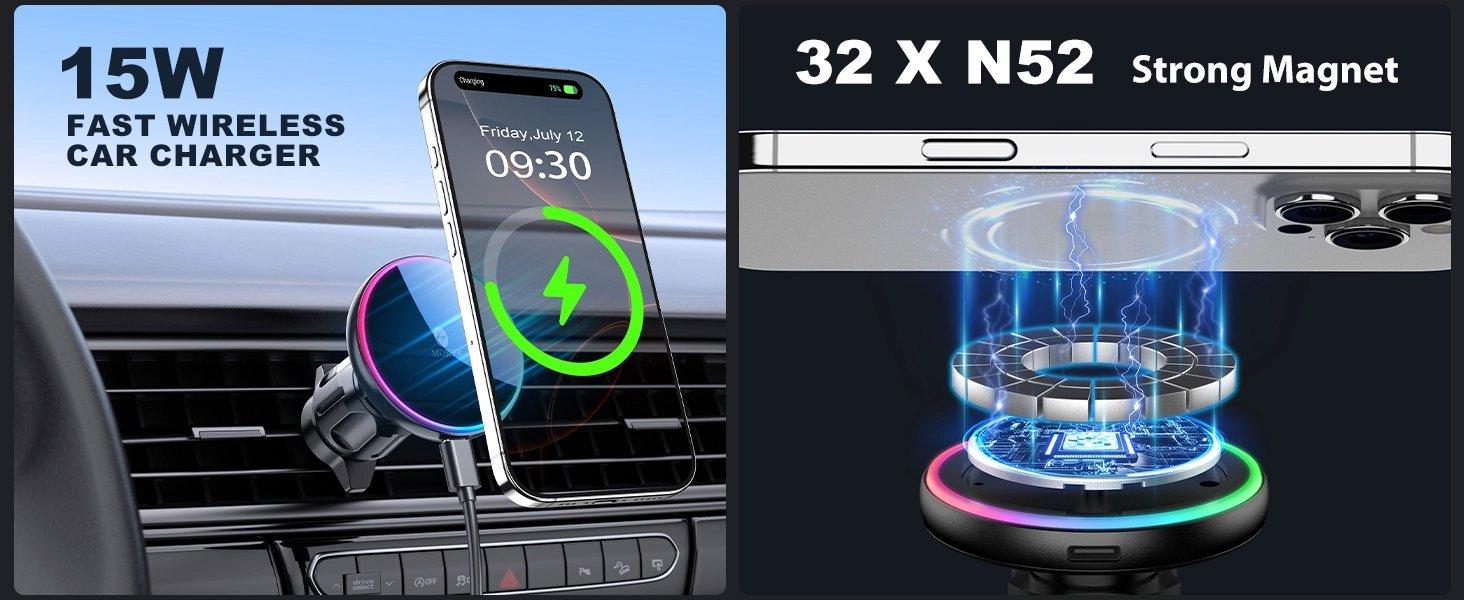 for Mag-Safe Car Mount Charger, Magnetic Phone Holder for Your Car Charger Dash Windshield Vent Magnetic Wireless Car Charger Mount for iPhone 17 16 15 14 13 12