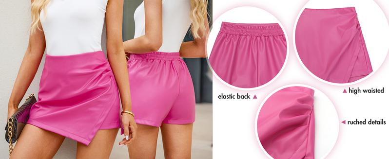 luvamia Skorts Skirts for Women Faux Leather Skorts High Waisted PU Leather Shorts Elastic Waist Ruched Wrap Comfort