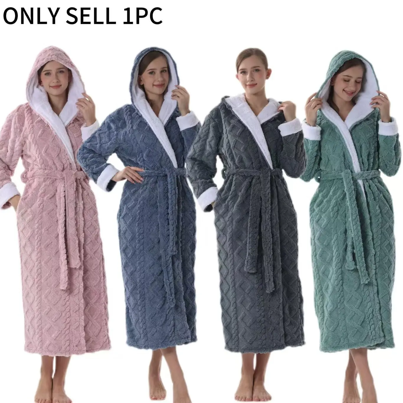 Elegant Luxury Fall Winter New Thick Coral Fleece Hooded Bathrobe, Colorblock Lining, Super Absorbent, Unisex, Couples